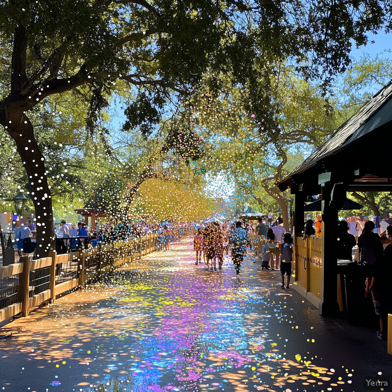 A crowd of people walking along a path in an outdoor setting.