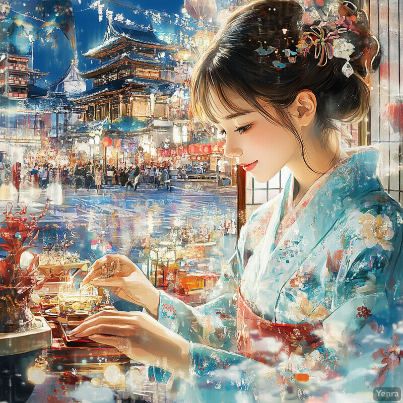 A woman in a traditional Japanese kimono sits at a table surrounded by objects and people in the background.