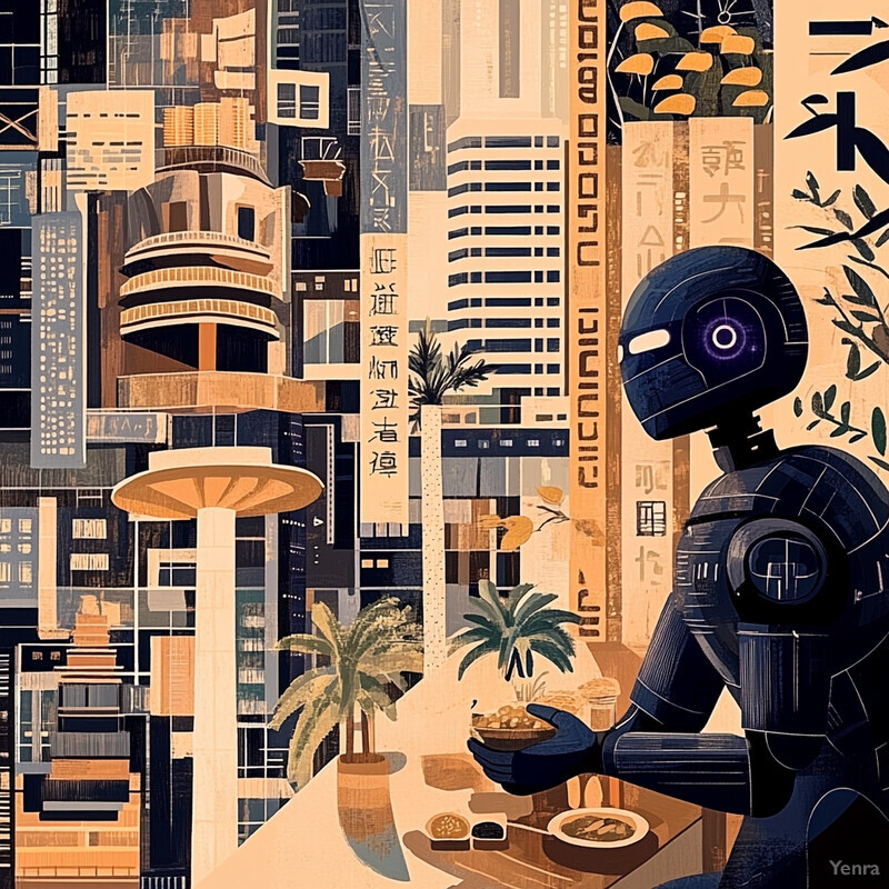 A futuristic cityscape with a mix of traditional and modern architecture, featuring a robot holding a bowl in its hand.