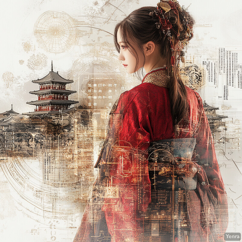 A woman in traditional Chinese attire stands against a blurred city background.