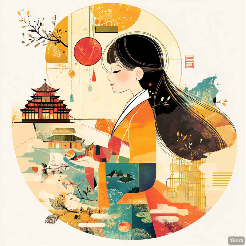 The image depicts a young woman in traditional Japanese attire standing in front of a Japanese house with a cherry blossom tree and red lantern.