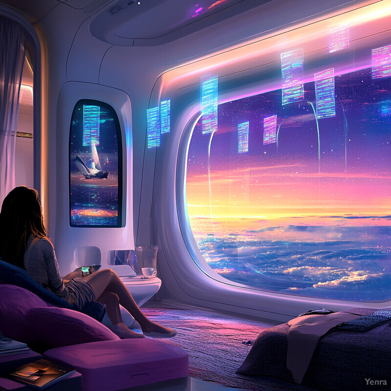 A futuristic airplane cabin with a large window offering a breathtaking view of the sunset over the ocean.