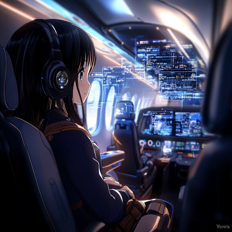 Anime-style girl sitting in a plane cockpit at night, wearing headphones and looking out the window.