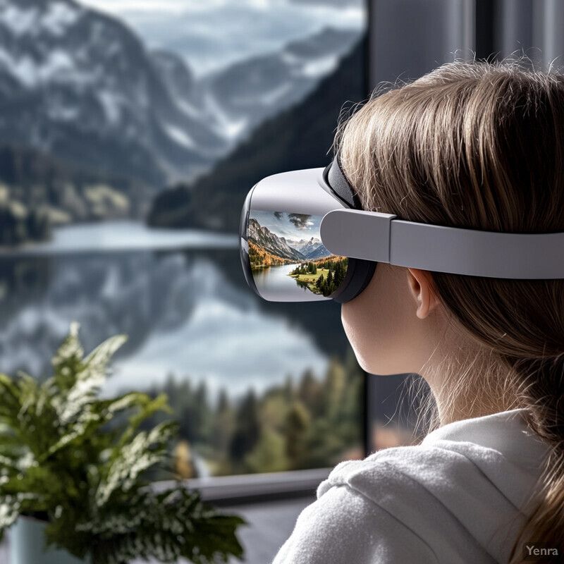 A woman wearing VR goggles gazes out at a mountainous landscape.