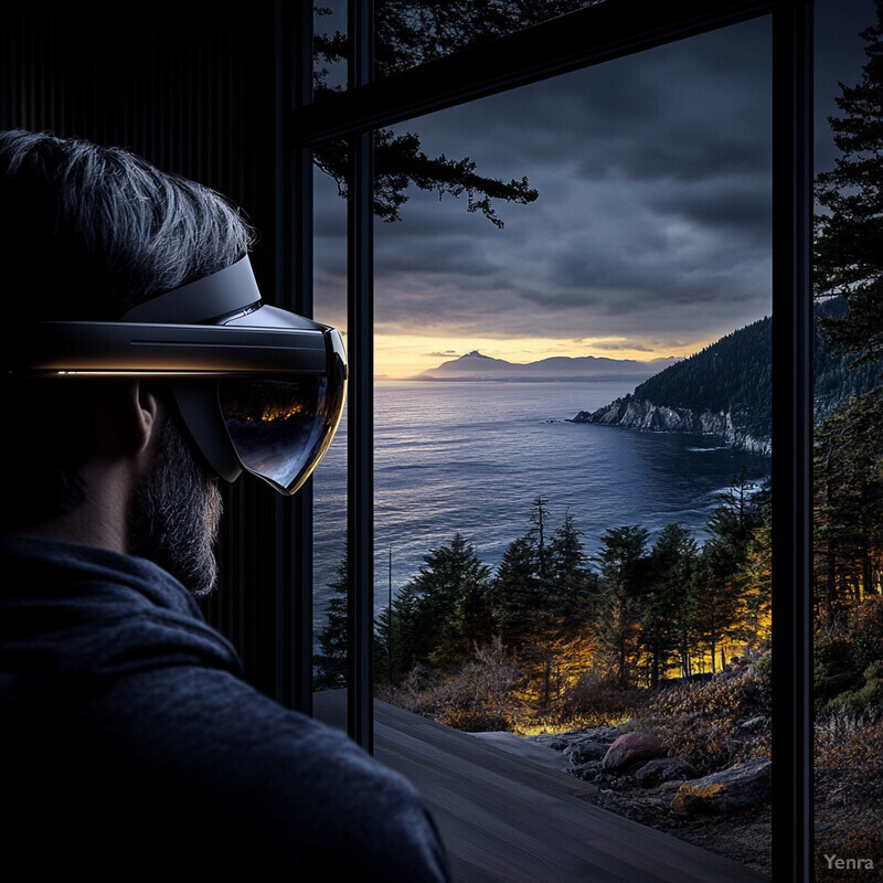 A man wearing VR glasses gazes out at a stunning view of mountains and water through a large window in a dark room.