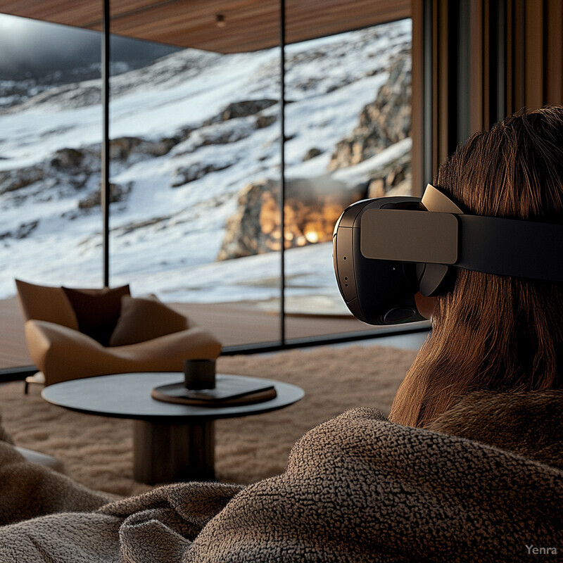 A woman wearing VR goggles sits in front of a large screen displaying a snowy mountain landscape.