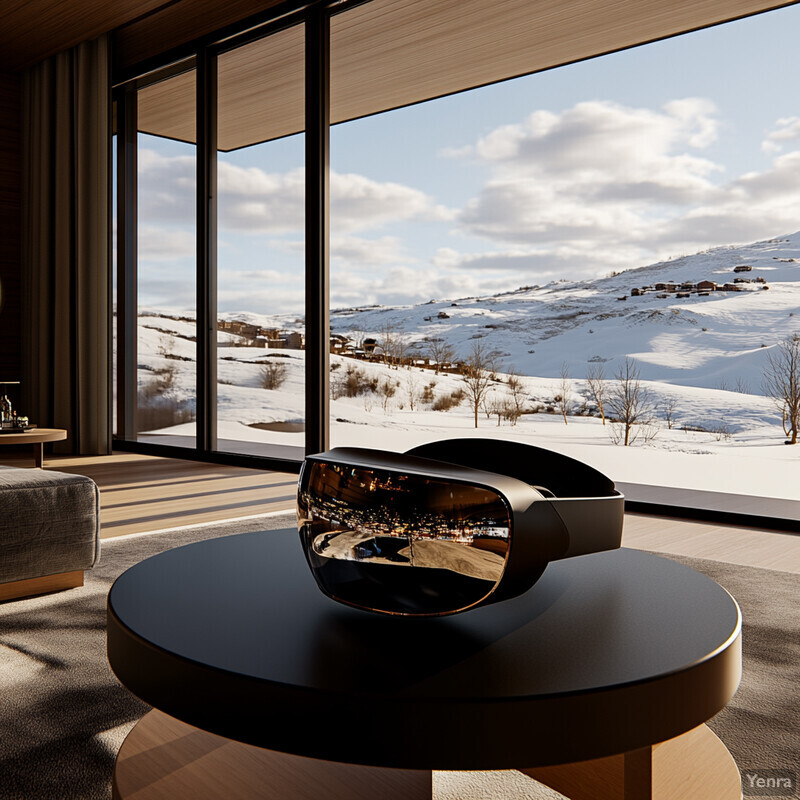 A living room with a VR headset on display, offering a view of snow-covered mountains and hills outside.