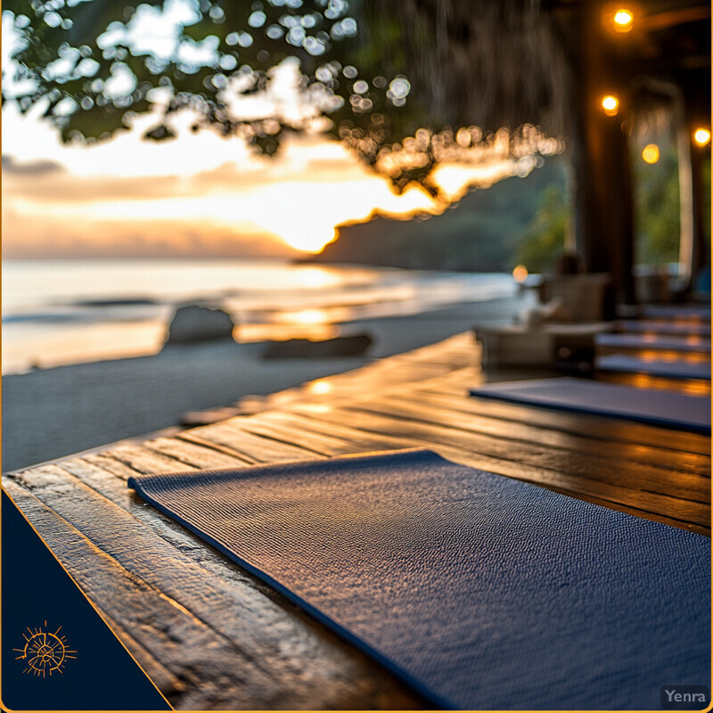 A serene outdoor setting with blue exercise mats and a wooden floor, set during sunrise or sunset.