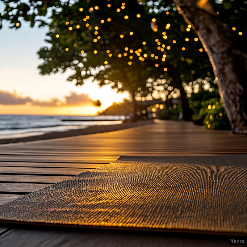 A serene beach scene at sunset with a wooden walkway, string lights, and a yoga mat.