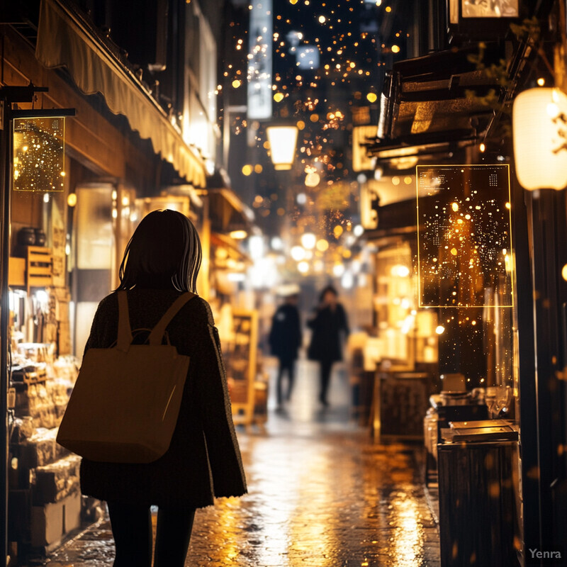 A woman stands in an alleyway at night, surrounded by shops and stalls.