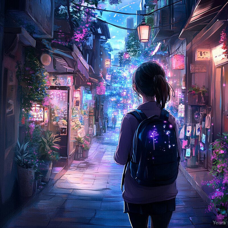 A woman walks down a vibrant city street at night, surrounded by neon lights and bustling shops.