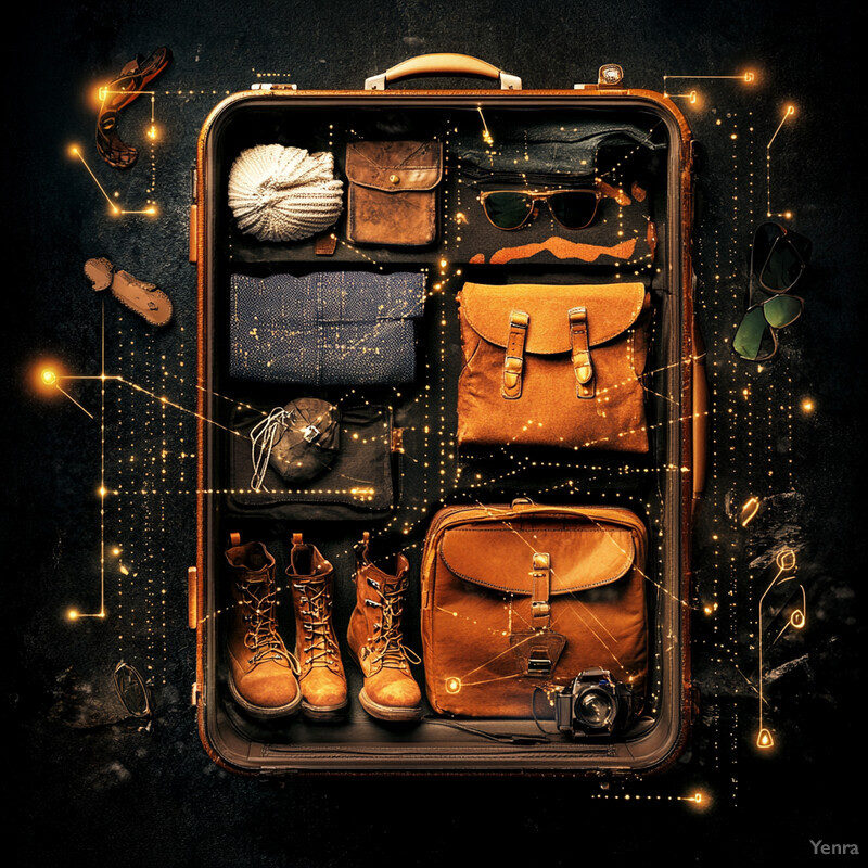 An open black suitcase with various items neatly arranged inside.