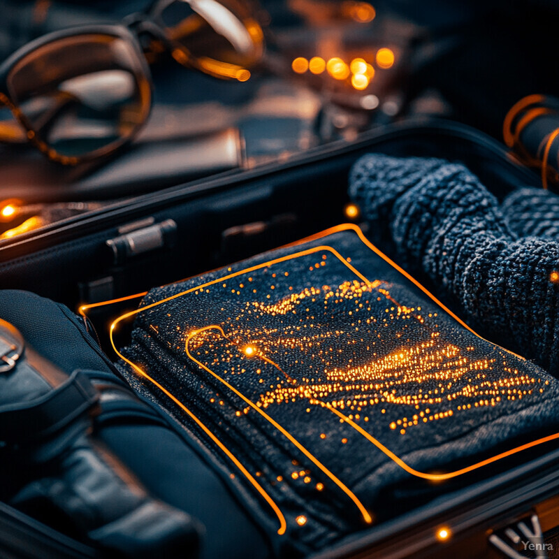 A close-up view of an open black suitcase with orange accents, showcasing its organized contents.