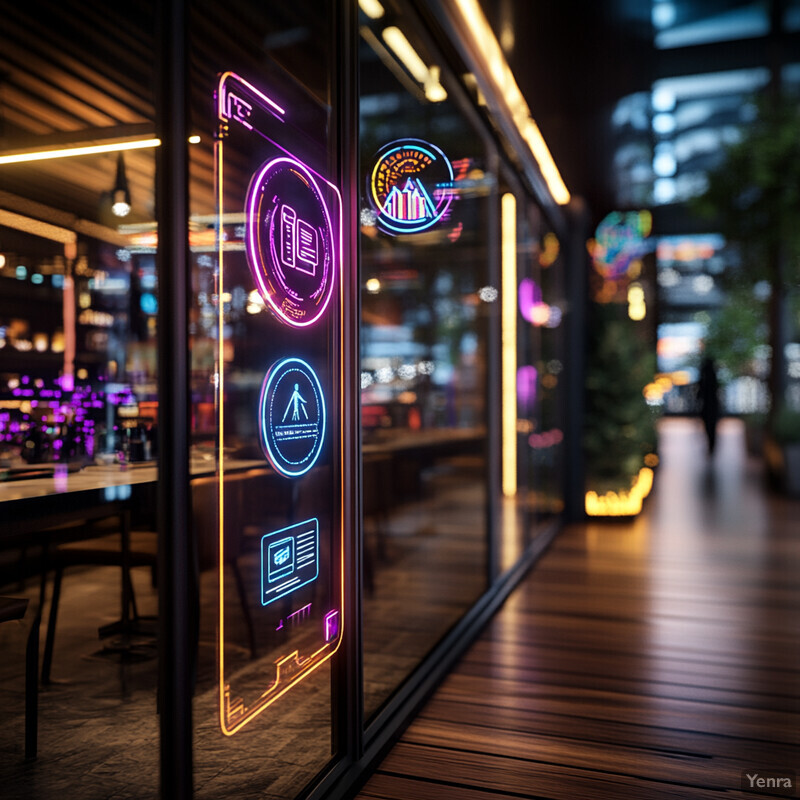 A modern restaurant with neon lights and a wooden floor, situated in a city or urban area.