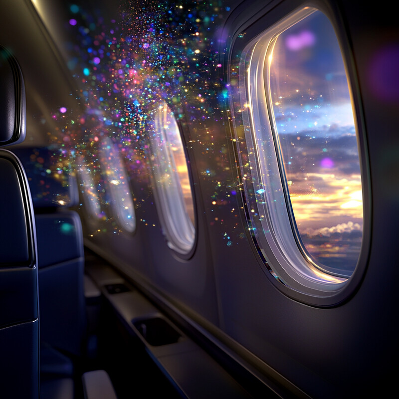 An airplane window with a view of the sky outside.