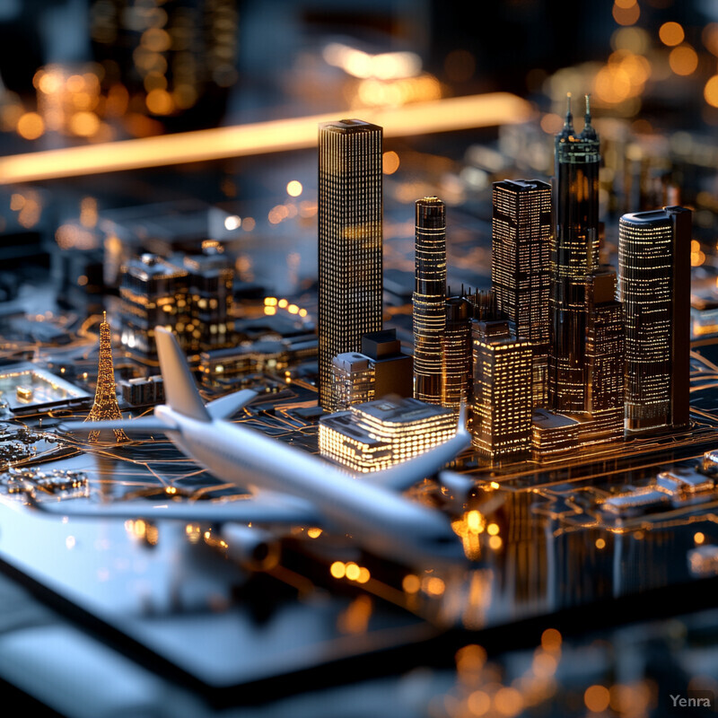 A cityscape at night with a prominent airplane taking center stage.