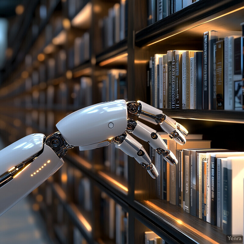 An artificial intelligence robot is depicted in a library setting, gazing down at a bookshelf filled with volumes.