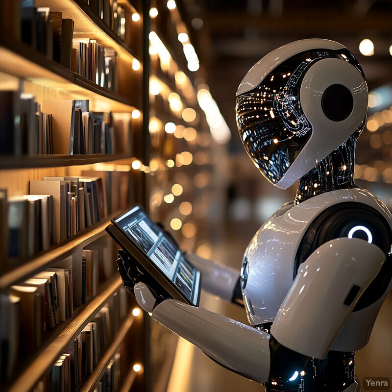 An advanced robot stands in front of a bookshelf filled with books and lights, intently focused on the tablet it holds.