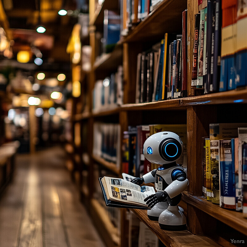 A small robot is sitting on a bookshelf in a library or bookstore, reading an open book.