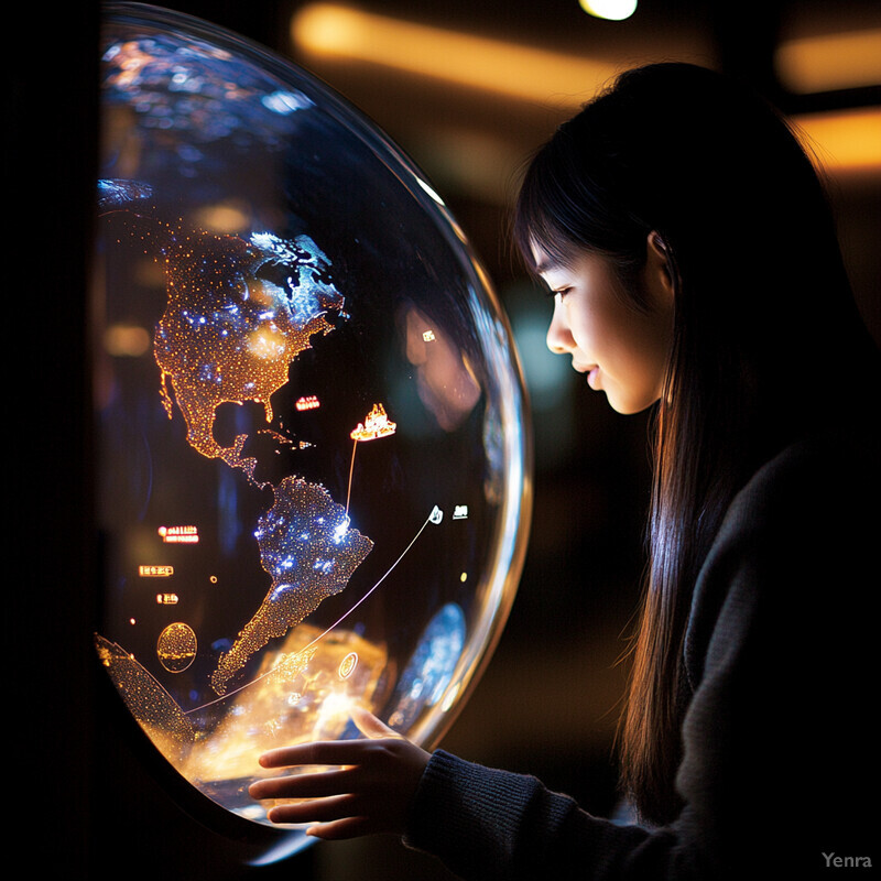 A woman gazes at a large crystal ball, her face illuminated by its soft glow.