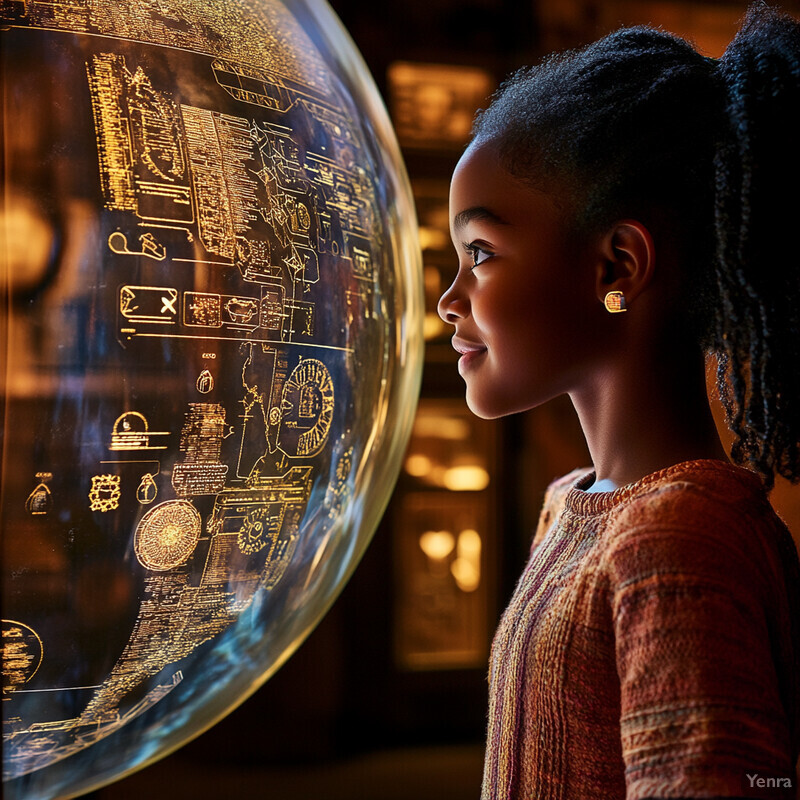 A young girl stands in front of a large glass globe, studying its intricate etchings.