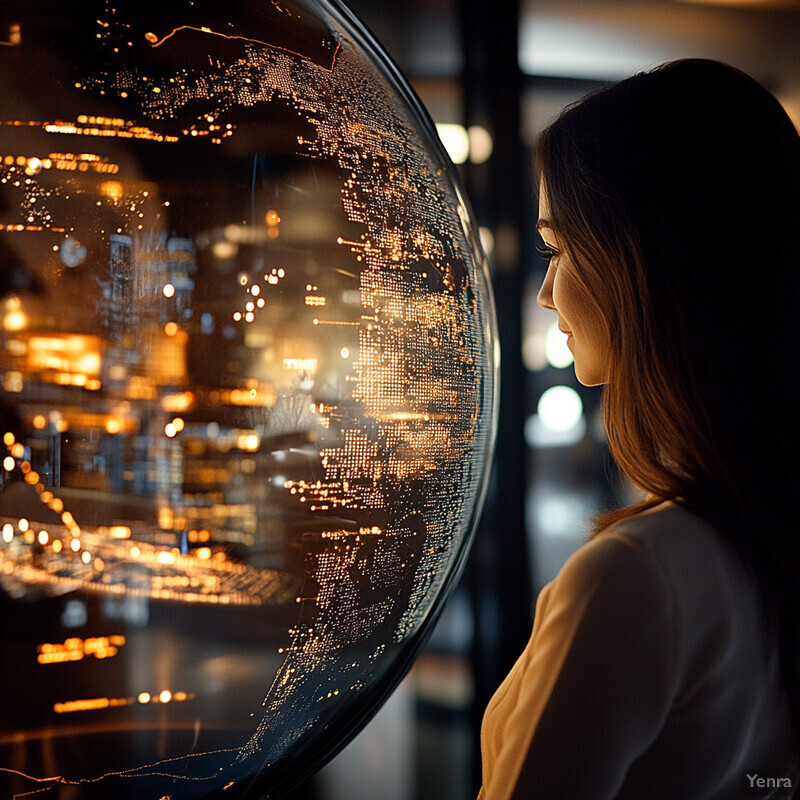 A woman gazes at her reflection in a large, glassy surface that displays a cityscape.