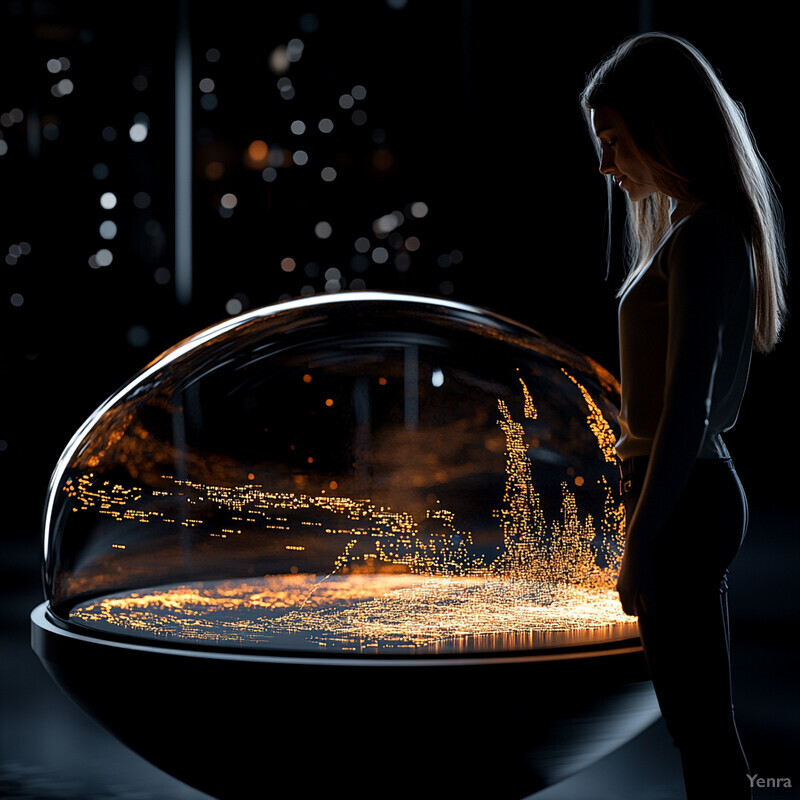 A woman stands in front of a large glass orb displaying a cityscape at night, surrounded by other orbs in an indoor setting.