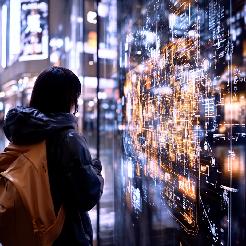 A woman examines a large screen displaying data in an urban setting.