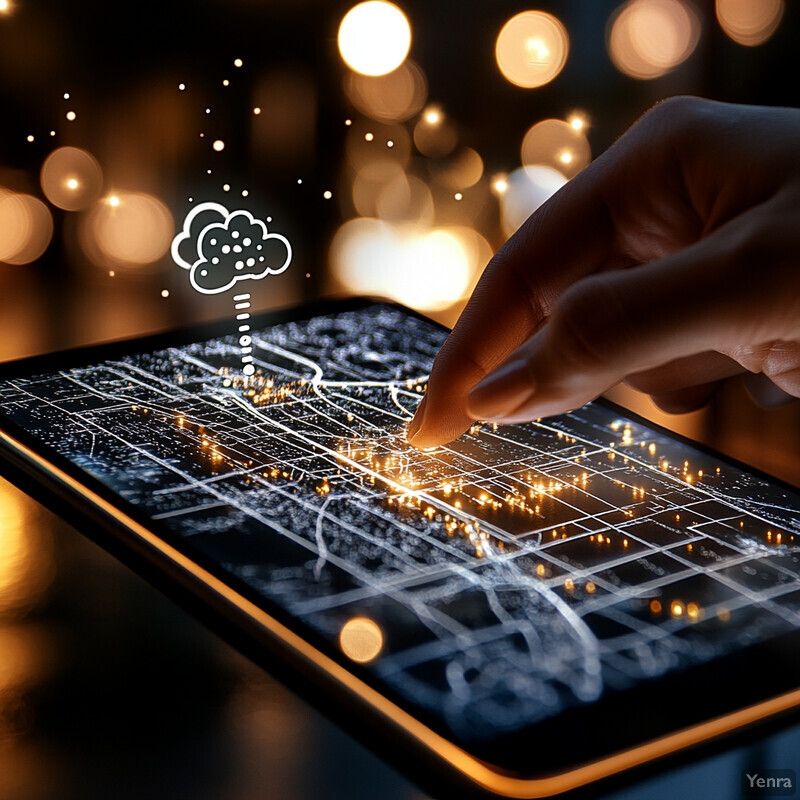 A person's hand interacts with an illuminated tablet screen displaying a map or diagram.