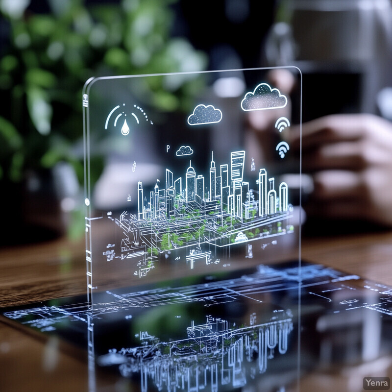 An augmented reality display is projected onto a tablet screen in an office or co-working space setting.