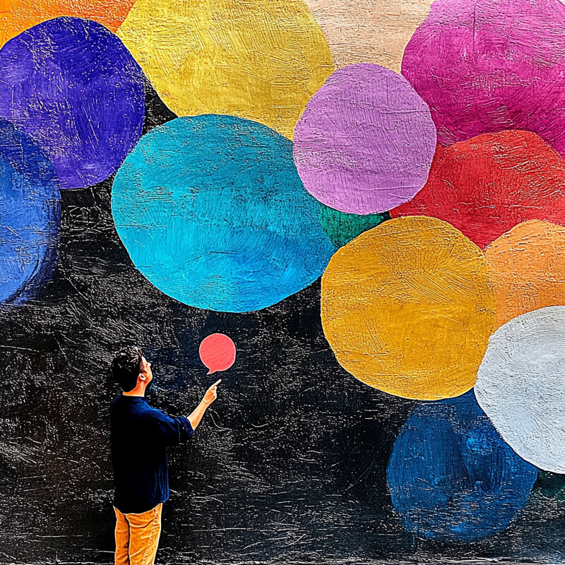 A man stands in front of a wall covered in colorful circles.