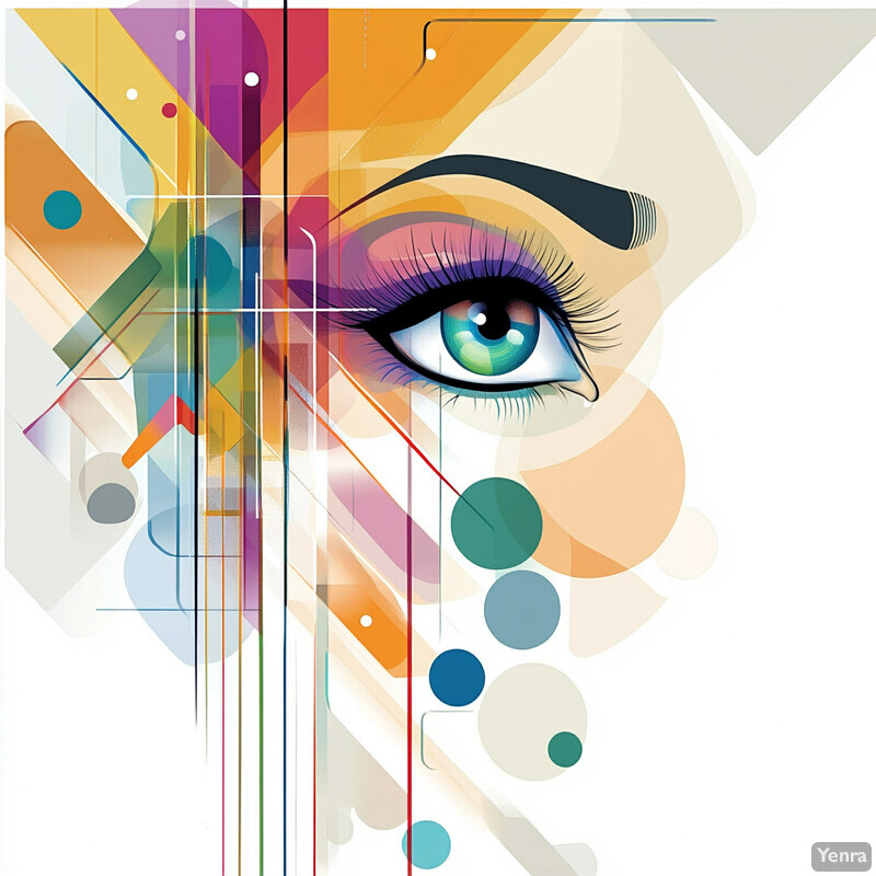 An abstract illustration featuring a stylized eye in the center, surrounded by vibrant colors and geometric shapes.