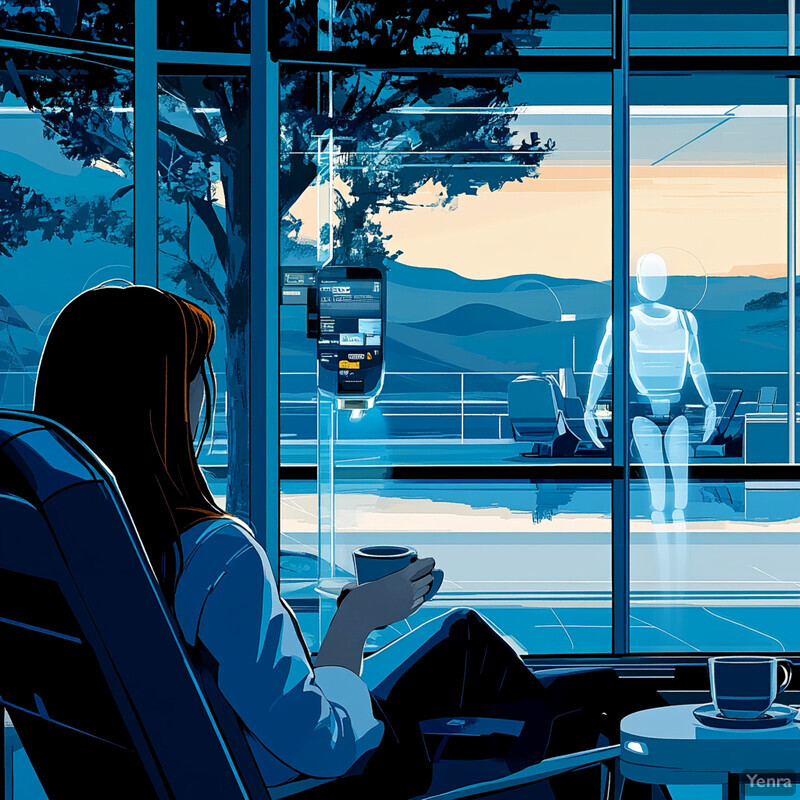 A woman sits in a chair, gazing out at a tranquil landscape through a large window.