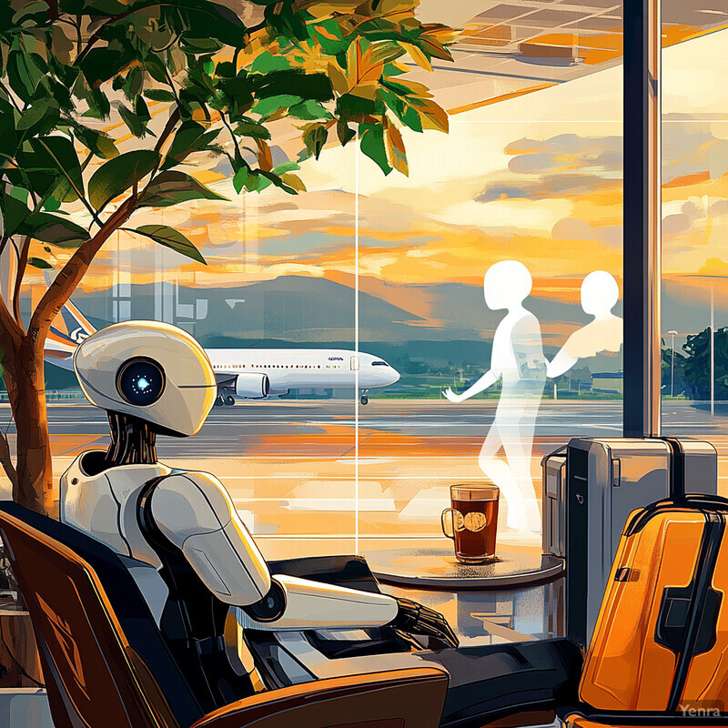 A peaceful airport scene featuring a robot seated in a chair, gazing out at an airplane on the tarmac.