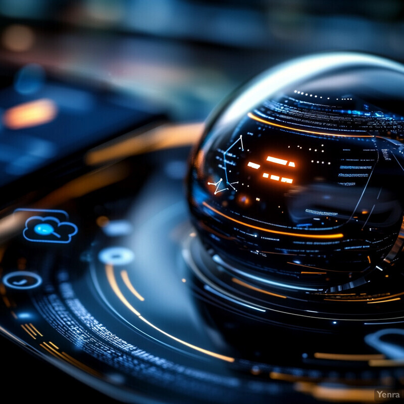 A futuristic scene with a crystal ball and screens surrounding it, likely related to virtual assistants or chatbots.