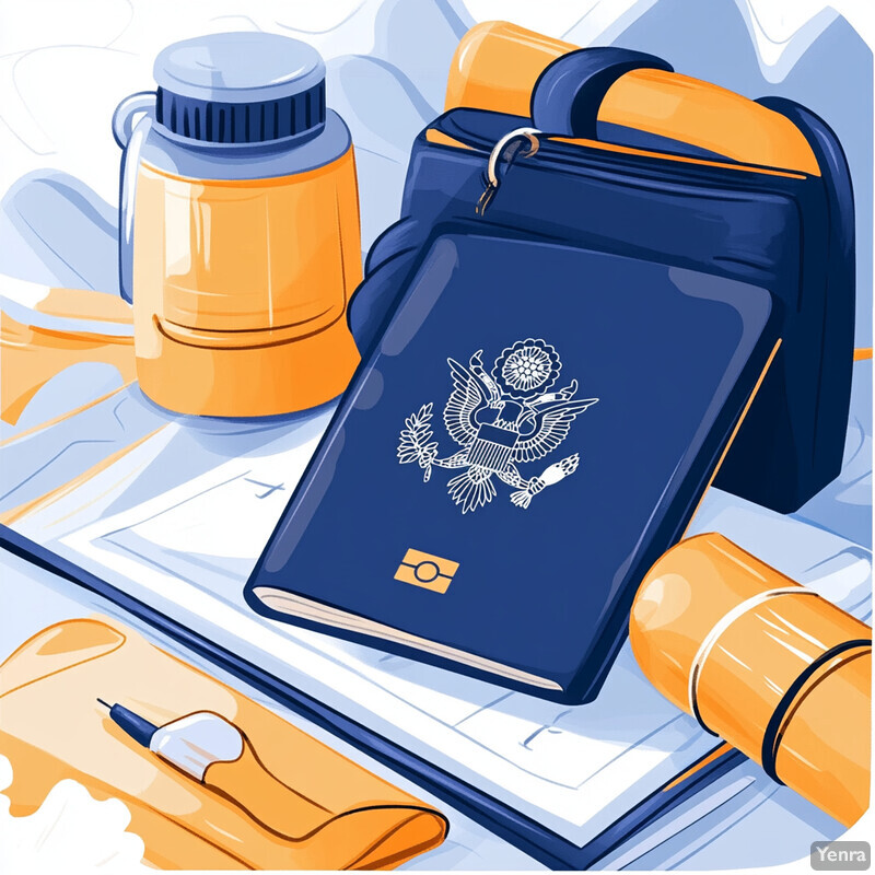 A travel document management system featuring a passport holder, map, water bottle, and other objects.