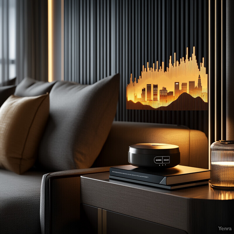 A cozy living room with a dark color scheme and a cityscape painting.