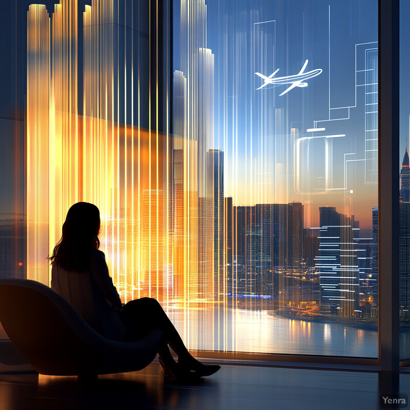 A woman sits in a chair, gazing out of a window at a cityscape during sunset.