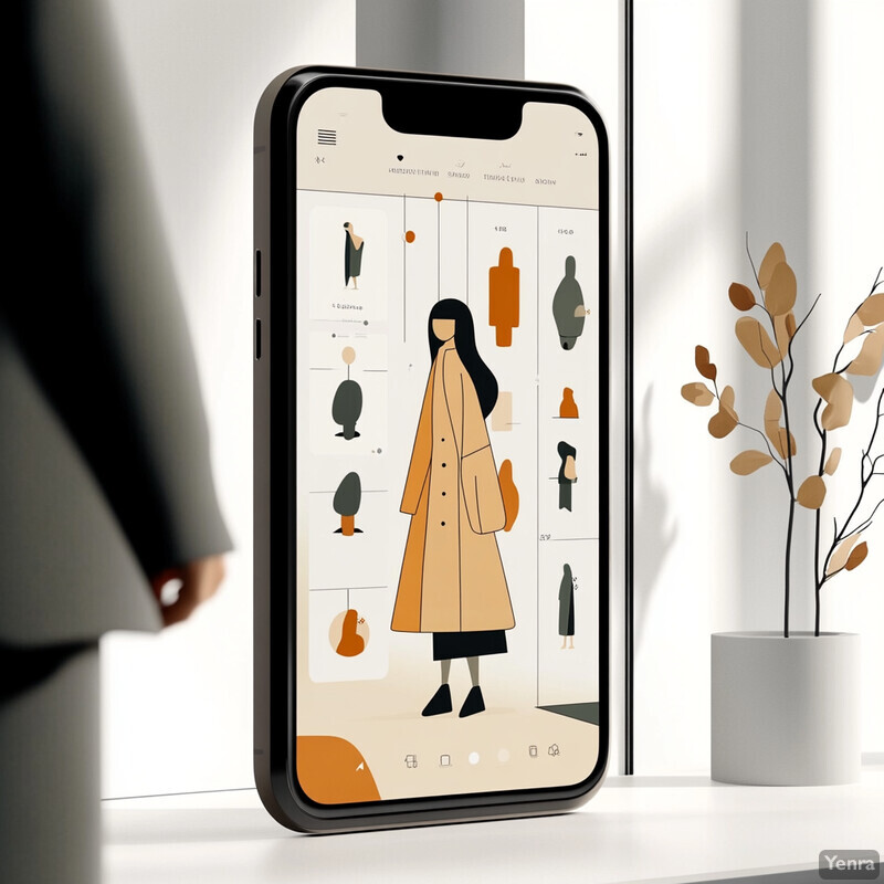 A smartphone displaying an app for designing clothing is placed on a white table in front of a window.