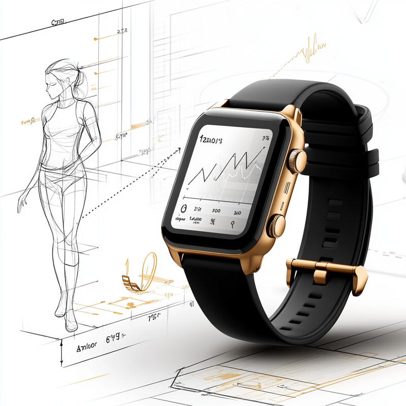 A smartwatch with a gold frame and black strap is displayed against technical drawings in various colors.