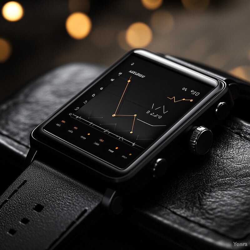 A black smartwatch with a traditional analog watch face on its screen.