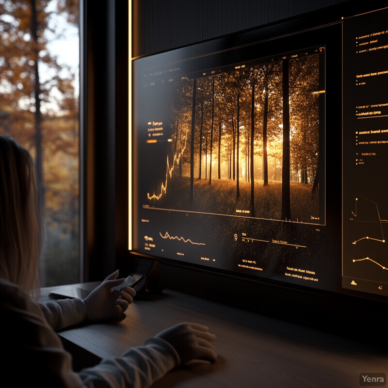 A woman works on her laptop in front of two computer monitors displaying a forest scene.