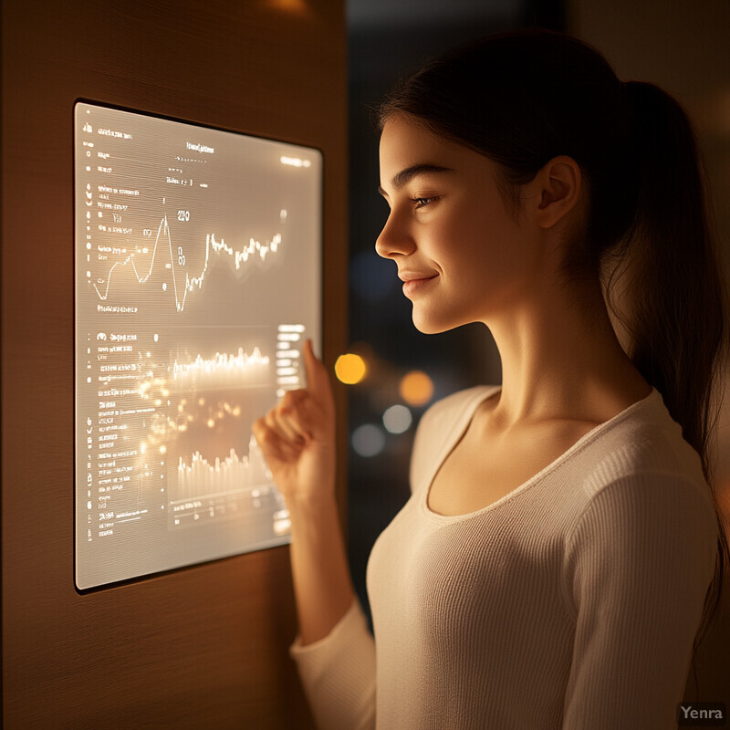 A woman stands in front of a screen displaying a graph, pointing to it with her right hand.