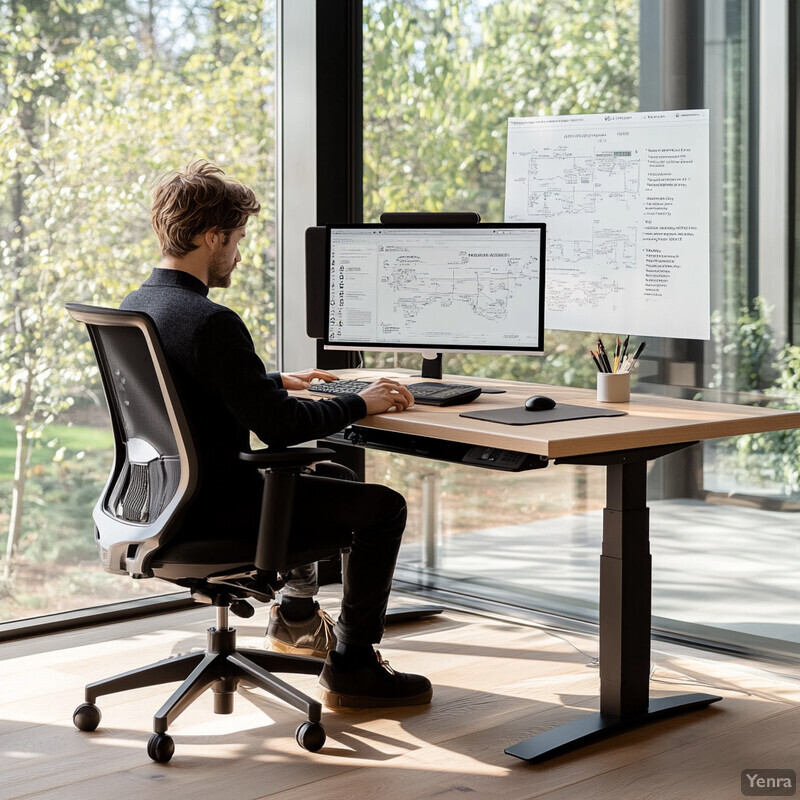 A man is seated at a desk in an office setting, engaged in work with his hands placed on the keyboard and focused attention.