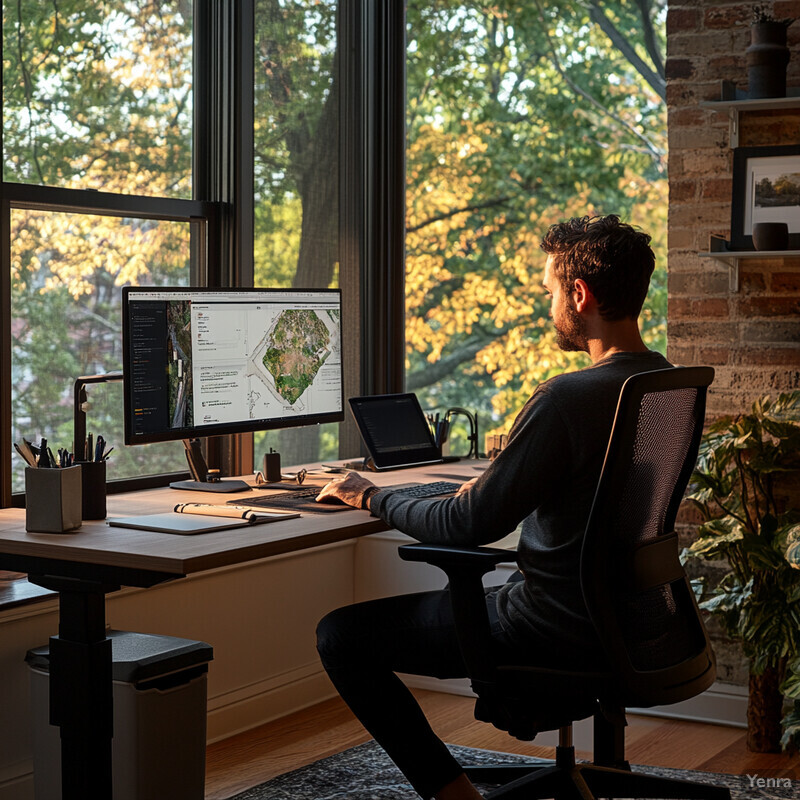 A man sits at a desk in front of a computer monitor, surrounded by various objects and items.