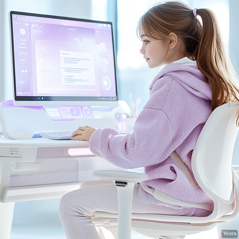 A young girl sits at a desk in front of a computer monitor, engaged in an online activity or learning experience.