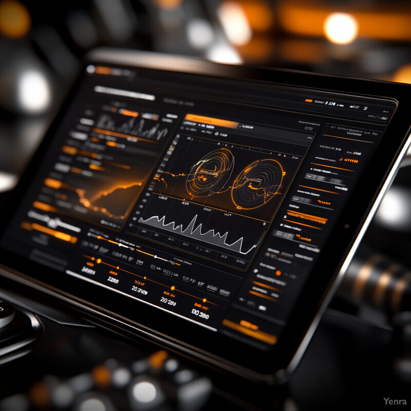 A tablet displaying an infographic with various graphs and charts in an office setting.