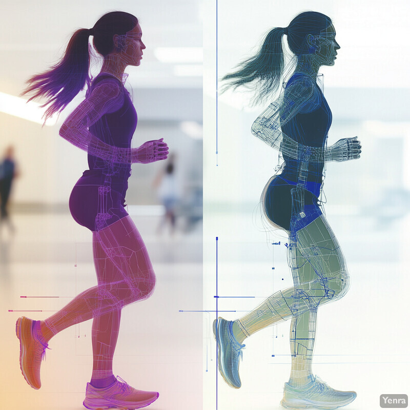 Two women running in a gym or similar setting with their bodies outlined in purple and blue lines.