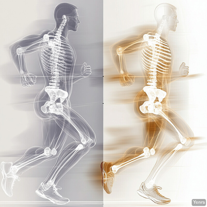 Two transparent human figures in motion with a focus on their skeletal structure and muscles.