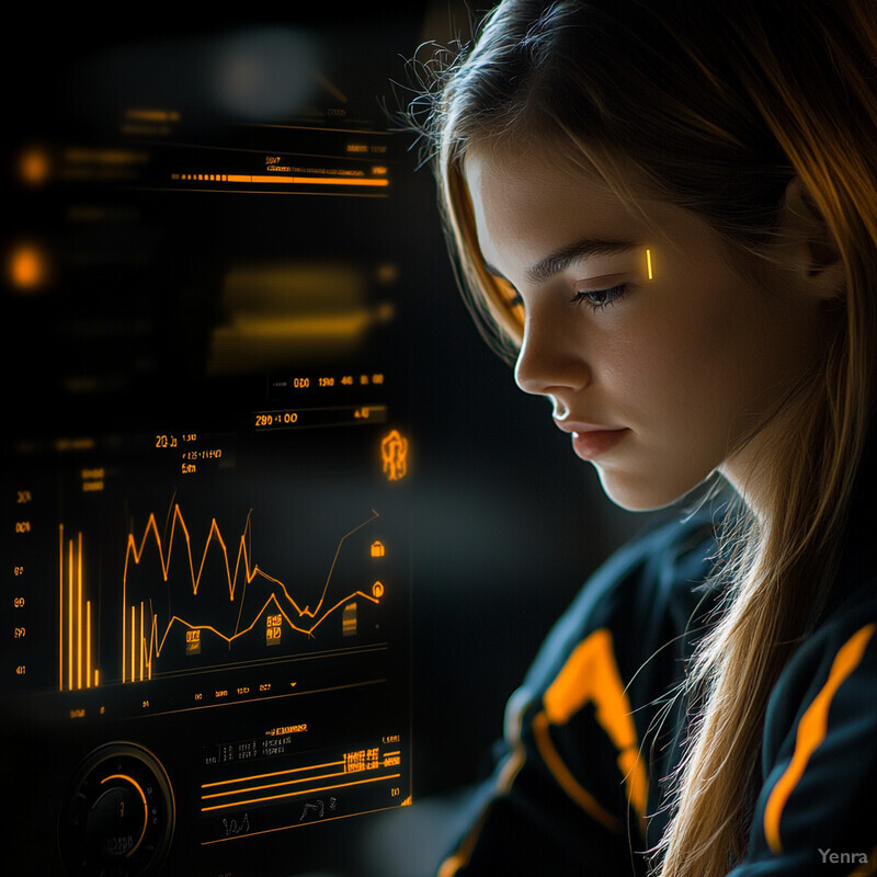 A young girl is intently focused on an augmented reality display projected onto her face, which presents various data points and metrics.